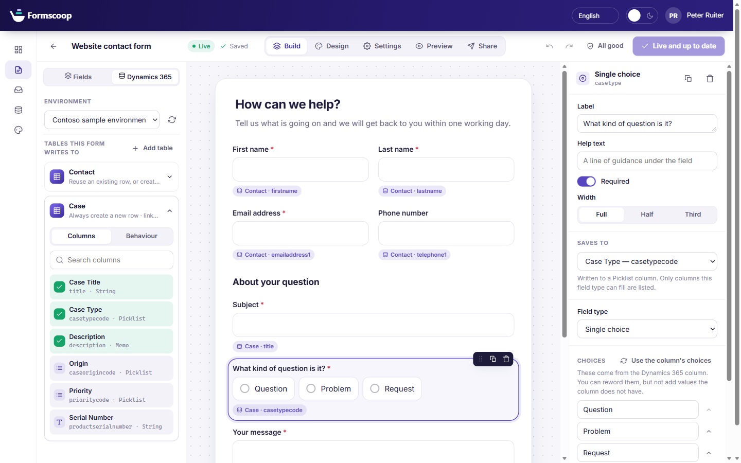 Formscoop: fields on the left, the form in the middle, where each answer is saved on the right
