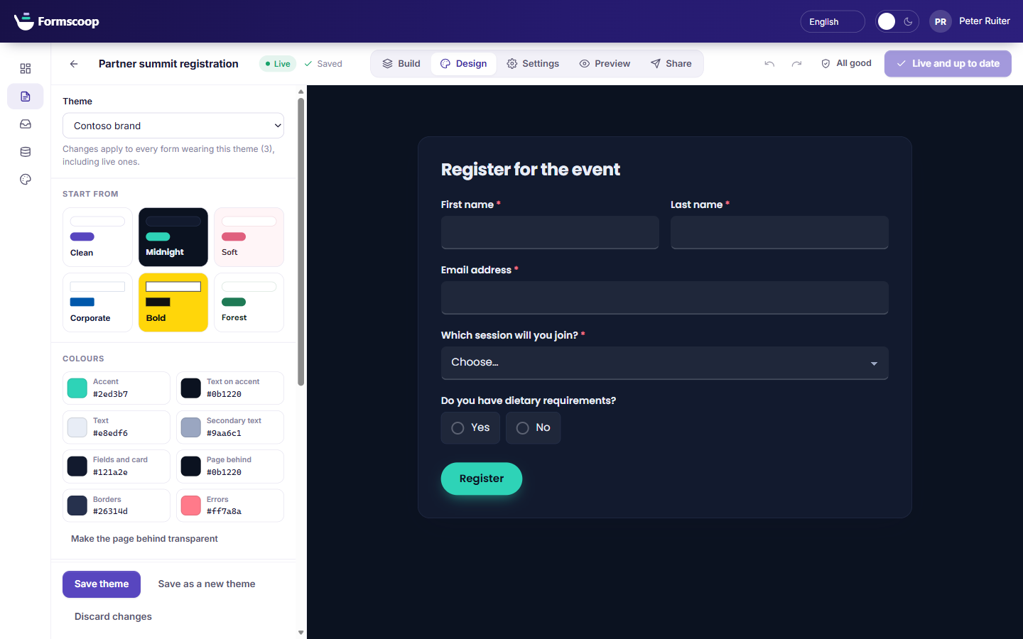 The design tab, with theme presets and colour controls beside a live preview of the form